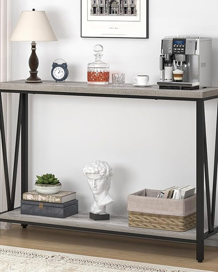 FOLUBAN Industrial Sofa Console Table, Rustic Wood and Metal Entryway Hallway Table for Living Room Entrance, 43.3 Inch Light Grey