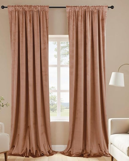 KOUFALL 108 Inch Velvet Blackout Curtains, 9FT Long Ceiling Track Curtains, Boho Luxury Pleated Black Out Drapes for Living Room Rail System, 2 Panel Set, Cinnamon Brown