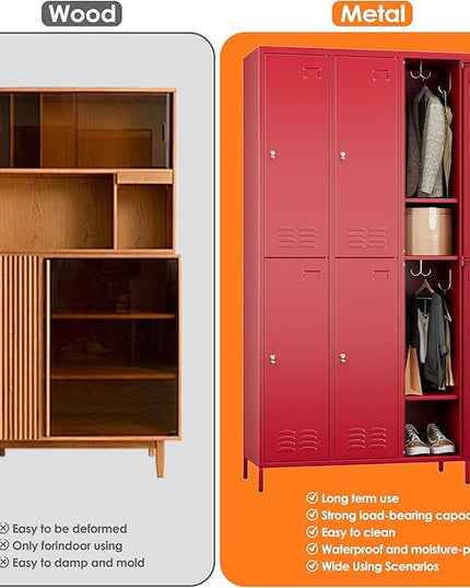 Aobabo Metal Locker for Employees, 6 Doors Metal Locker Cabinet with Lock, Industrial Storage with 18 Hooks, Storage for Home, Office, Gym, Assembly Required, Red