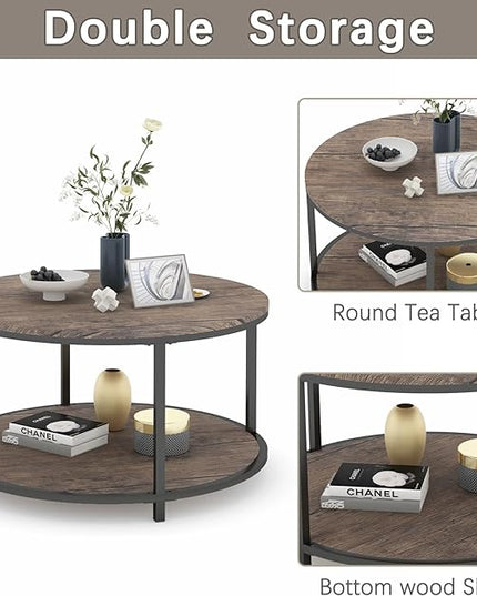 NSdirect Round Coffee Table, 27.5" Small Coffee Table for Living Room,2-Tier Rustic Wood Desktop with Storage Shelf Modern Design Home Furniture(Light Walnut)