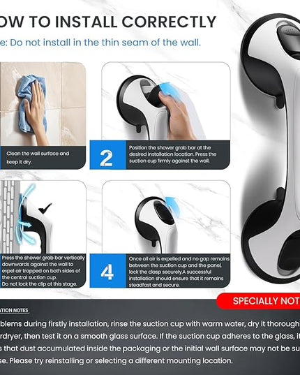 2 Pack 12 Inch Grab Bars for Bathtubs and Showers for Seniors, Heavy Duty Shower Handle for Elderly, Suction Cup Removable Handrails Handicap Bath Grip Bathroom Safety Grips (Black and White