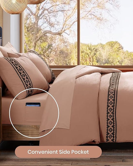 MaiRêve Embroidery Comforter Set, Boho Farmhouse Western Bedding Set, All Season Bed in A Bag Comforter Set with Sheets, Pillowcases & Shams, Dusty Pink King 7 Pieces