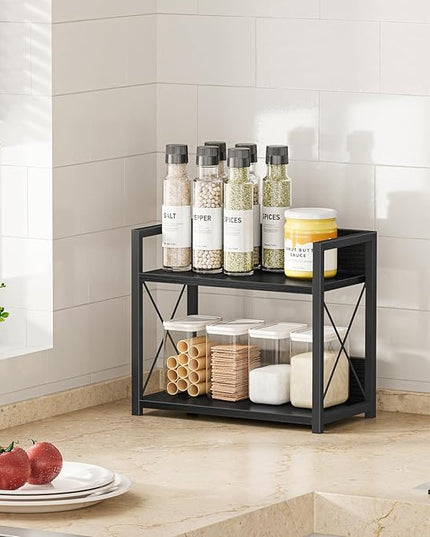 Giikin Kitchen Counter Shelf, 2 Tier Kitchen Spice Rack Organizer for Countertop, Wood Coffee Bar Organizer for Home (Black, S)