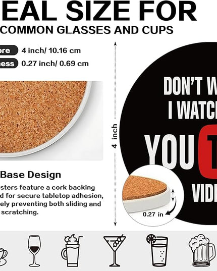 zcyhtqp, Don't Worry I Watched a You Tube Video, Funny Absorbent Round Ceramic Stone Coasters Set of 4 with Cork Base, Gifts for Home, Kitchen, Bar, Coffee Table, Office Table Décor