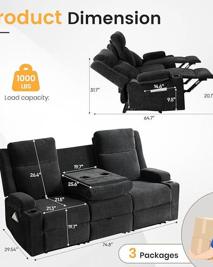 Manual Reclining Sofa,Loveseat Recliner Sofa with Drop Down Table, 3 Seater Recliner Sofa with Storage for Living Room & Home Theater & RV