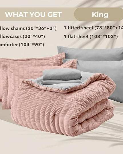 HYMOKEGE Rose Gold/Light Grey King Size Comforter Set Seersucker 7 Pieces, All Season Luxury Bed in a Bag for Bedroom, Bedding Set with Comforter, Sheets, Pillowcases & Shams