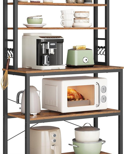 VASAGLE Coffee Bar, 31.5 Inches Baker's Rack for Kitchen with Storage, 6-Tier Kitchen Shelves with 6 Hooks, Microwave Stand, Industrial, Rustic Brown and Ink Black UKKS019B01
