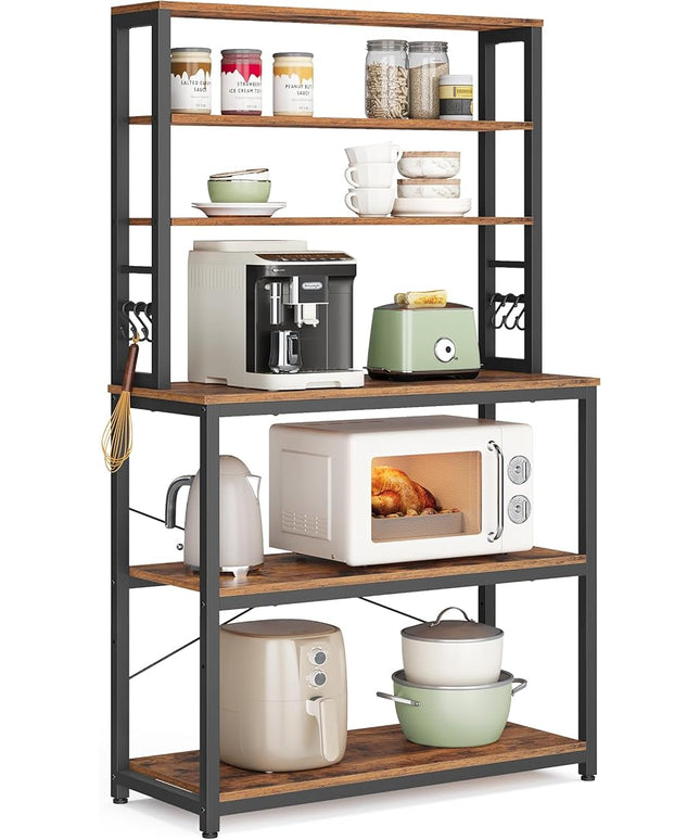 VASAGLE Coffee Bar, 31.5 Inches Baker's Rack for Kitchen with Storage, 6-Tier Kitchen Shelves with 6 Hooks, Microwave Stand, Industrial, Rustic Brown and Ink Black UKKS019B01