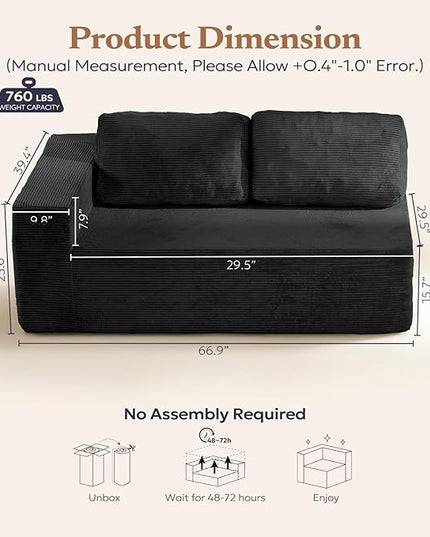 Loveseat Sofa, Cloud Modular Sofa Couch, Upholstered Floor Sofa with Deep Seat, Upholstered Foam Couch for Bedroom Living Room, No Assembly Required (Corduroy Fabric, Black)