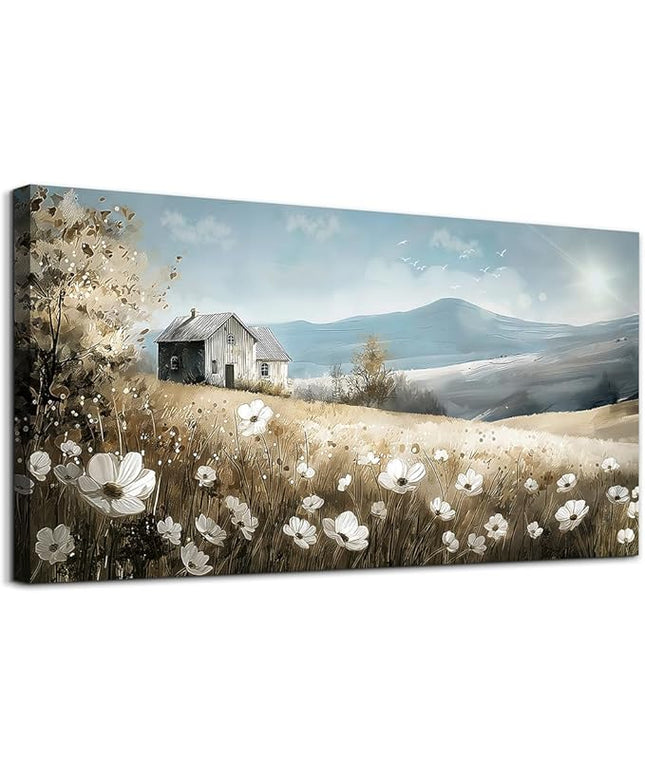 Wapluam Canvas Wall Art For Living Room Large Wall Decor For Bedroom Field Scenery Watercolour Flowers Wall Paintings Office Decorations Old House Pictures Artwork Home Decor Ready To Hang 48L x 24W