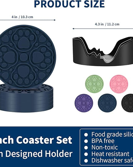Blue Silicone Coasters with Holder, 4 Inch Non-Slip Coffee Round Cup Mats, Modern Bar Coaster Set of 6 for Desk, Table, Drink, Beer, Berverage - Dishwasher Safe