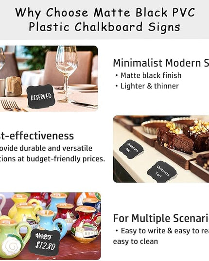 PigPotParty 18 Pcs Food Labels for Party Buffet w/Cleaning Spray, 4"x3" Mini Chalkboard Signs Include 2 Liquid Chalk Markers for Food Display - Food Tags- Table Palce Card (Waved Shape)
