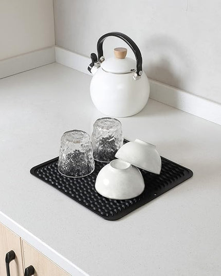 Silicone Dish Drying Mat for Multiple Usage,Easy clean,Eco-friendly,Heat-resistant Silicone Mat for Kitchen Counter or Sink,Refrigerator or Drawer liner Black M 12 inches x 12 inches