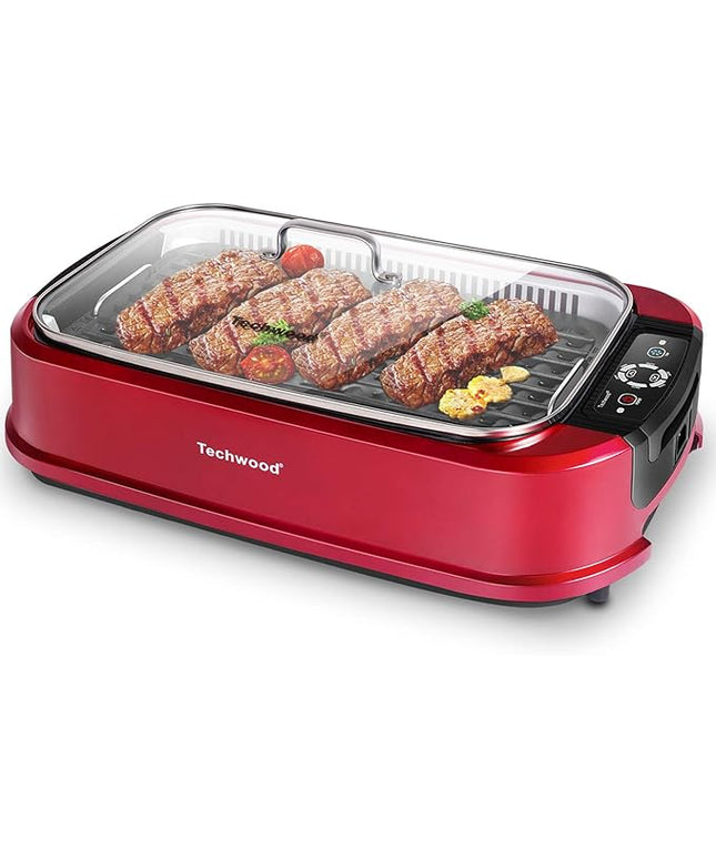 Smokeless Indoor Grill, Techwood 1500W Electric Grill Portable Korean Grill Non-Stick Grill Plates with Temperature Control, Removable Drip Tray, Tempered Glass Lid, Dishwasher-Safe