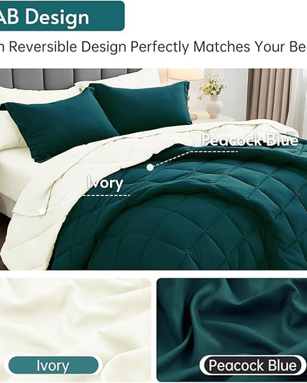 MUXHOMO 7 Pieces King Comforter Set, Reversible Bed in a Bag King Size, All Season Bedding Set with Comforter, Flat Sheet, Fitted Sheet, Pillowcases & Shams, Peacock Blue & Ivory