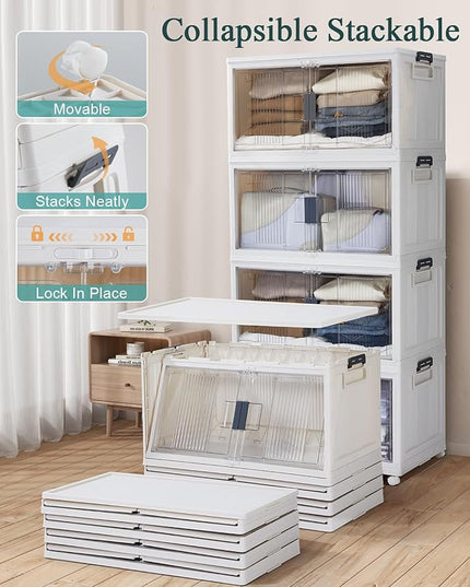 OlarHike 97QT Stackable Storage Bins with Lids - Folding Storage Box with Doors and Wheels, Collapsible Plastic Storage Drawers for Closets, 5 Pack Cubes