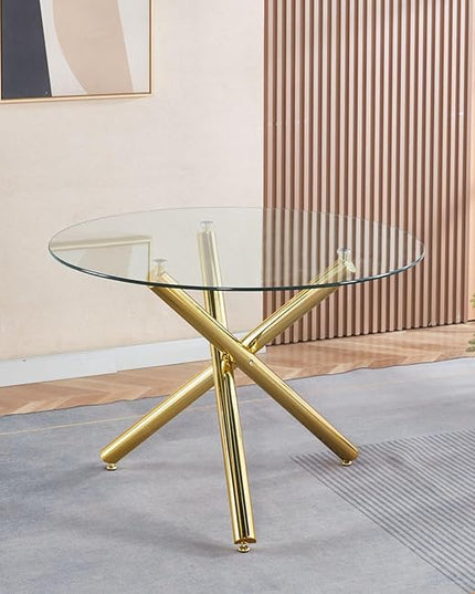 HomVent Round Glass Dining Table Set for 4, 5-Piece Modern Kitchen Table Set with 4 PU Upholstered Chair for Kitchen Dining Room, Glass Dining Room Table Set
