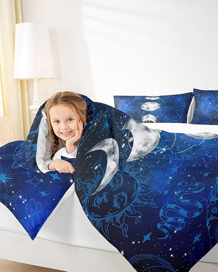 Sun and Moon Kids Comforter Set King Size,Starry Sky Galaxy Planet Trippy Bedding Set,Boys Girls Adults Room Decor,Hassam Hand Dead Snake Boho Exotic Down Comforter,Blue Duvet Insert,2 Pillowcases