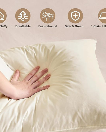 BHZ Beige Satin Goose Down Feather Pillows King Size with Pillowcase for Hair and Skin, Cooling Pillow Cases Similar to Silk Pillow Cases, Decorative for Women, Mom Men