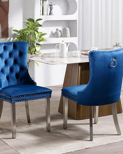 SoarFlash Velvet Dining Chair Set of 2, Upholstered Tufted Dining Room Chair with Nailhead Trim, Solid Silver Plated Leg for Kitchen(Blue)