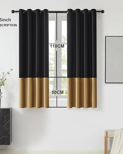 BULBUL Black Gold Color Block Window Curtains Panels 63 inches Long Velvet Farmhouse Drapes for Bedroom Living Room Darkening Treatment with Grommet Set of Black Gold