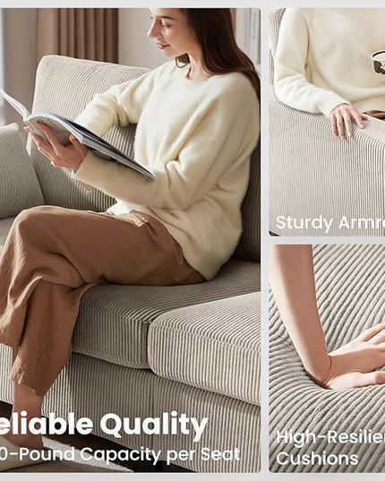 CHIC HOUSE Corduroy Modular Sectional Couch with Ottoman Chaise, L/U Shaped Sleeper Sofa for Living Room, Apartment, Lounge, Modern Armrest Neck Support Furniture (5 Seater Sectional, Beige)