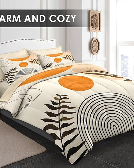Comforter Set King Size, Mid Century Boho Orange 7 Pcs Bedding for Kids and Adults, Geometric Bed Sheet Sets with Fitted Sheet 2 Pillowcases & 2 Shams for Bedroom Bed Decor