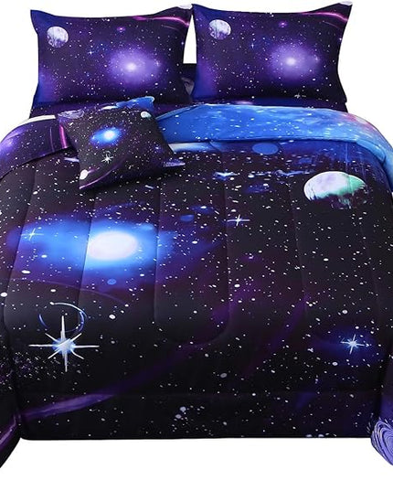 JQinHome Twin Galaxy Comforter Sets 6 Piece Bed in A Bag, Outer Space Themed Bedding for Children Boy Girl Teen Kids,1 Comforter, 1 Flat Sheet, 1 Fitted Sheet, 2 Pillowshams, 1 Cushion Cover(Purple)