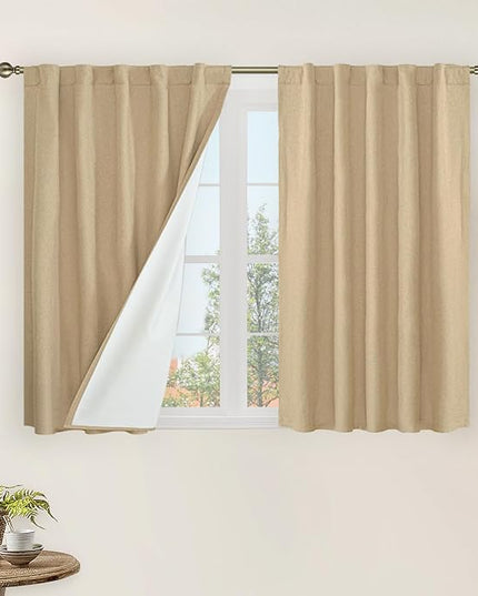 LAMIT 40 Inch Length 100% Blackout Linen Curtains, Linen Textured Thermal Curtains Back Tab and Rod Pocket Neutral Panels with White Liner for Kitchen/Windows/Cafe, 2 Panels, 42 x 40 Inch, Burlap