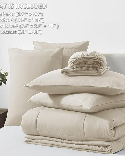 CozyLux King Size Comforter Set Oatmeal, 7 Pieces Bed in a Bag, Oatmeal Comforter King Size, All Season Bedding Sets with Stitch Quilted Comforter, Flat Sheet, Fitted Sheet, Pillowcases