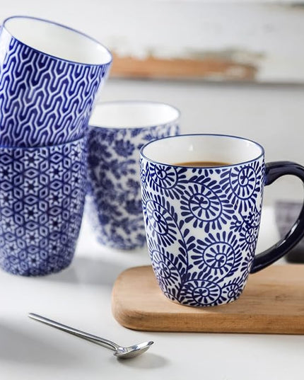 Selamica 16 oz Porcelain Coffee Mugs Set, Ceramic Tea Cup with Handle, dishwasher, oven, microwave safe, Pack of 6, Vintage Blue