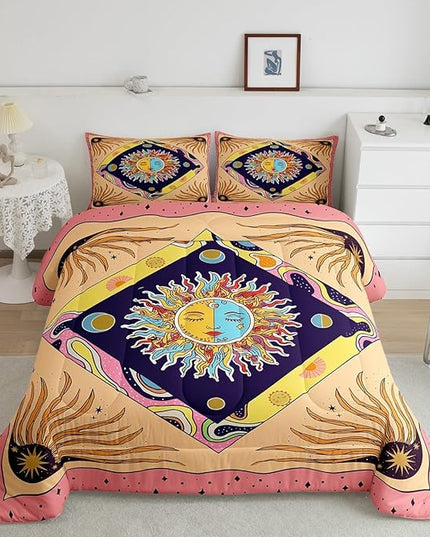 Manfei Starry Sky Galaxy Trippy Comforter Set Twin,Sun Moon Bedding Set 2pcs for Kids Teens Adults Room Decor,Geometric Boho Exotic Comfy Quilt Set,Colorful Vintage Duvet Insert with 1 Pillowcase