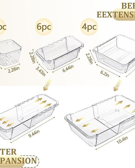 20 Pcs Adjustable Clear Drawer Organizer, Extendable Vanity Storage Bins, Desk Drawer Organizer Set for Makeup, Cosmetics, Bedroom, and Gadgets, Clear