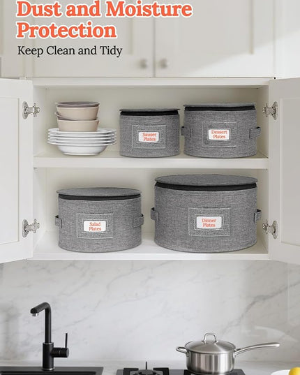 Cirhy China Storage Containers, 4 Piece Rigid-Shell Dinnerware Storage with Felt Dividers, Stackable Fine China Storage for Plates, Bowls, Glassware, Kitchen Dish Organizer for Moving