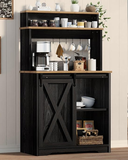 Farmhouse Coffee Bar with 3 Tier Storage Hutch, 56 Inch Small Bar Station with 6 Hooks, Corner Table with Adjustable Shelves for Living Dining Room (Black)