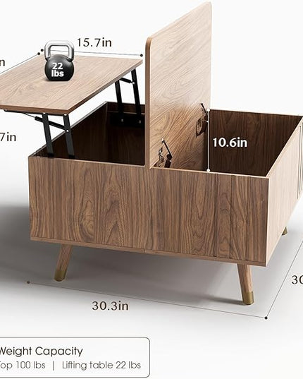 Lift Top Coffee Table, Mid Century Modern Center Table with Large Hidden Storage Compartment, 31.5" Square Coffee Tables for Living Room, Home Office, Walnut