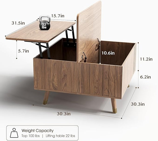 Lift Top Coffee Table, Mid Century Modern Center Table with Large Hidden Storage Compartment, 31.5" Square Coffee Tables for Living Room, Home Office, Walnut