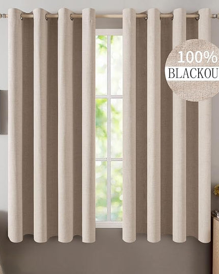 MIULEE Linen Textured Curtains for Bedroom Solid 100% Blackout Thermal Insulated Natural Beige Grommet Room Darkening Curtains & Drapes Luxury Decor for Living Room Nursery 52 x 63 Inch (2 Panels)