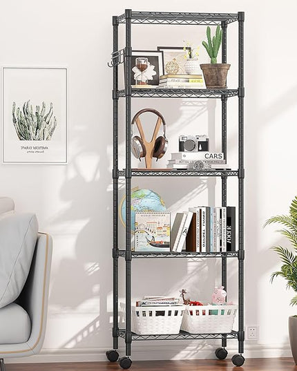Himimi 5-Tier Wire Shelving Unit on Wheels, Adjustable Heavy Duty Metal Shelves with Side Hooks, Metal Organization Wire Rack for Kitchen Garage Basement, 13" L x 23" W x 72" H, Black