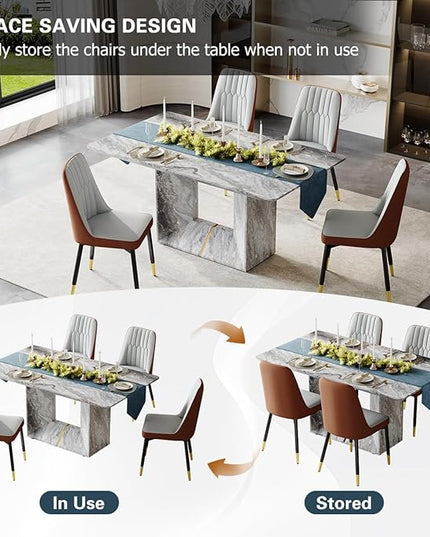 Dinner Table Set for 4, 5 Piece Dining Table Set with Chairs, 63" Faux Marble Modern Table with 4 PU Leather Upholstered Chairs, for Kitchen & Dining Room