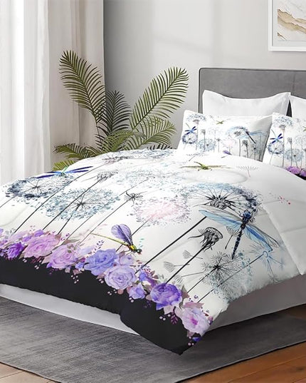Queen Size Comforter Set with 2 Pillowcases, Vintage Summer Botanical 3 Pcs Bedding for Kids and Adults, Spring Dragonfly Purple Flower Soft Comforter Set for Bedroom Bed Decor