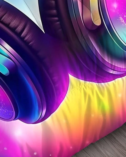 Galaxy Headphones Comforter Set Queen Purple Music Theme Bedding for Girls Kids Colorful Glitter Quilt 1 Comforter,2 Pillow Cases