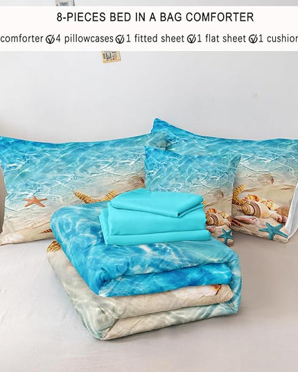 Bedbay Beach Comforter Sets King Size 8 Pieces Beachy Bedding Set Turquoise Comforter Set with Sheets Beach Themed Bedding Ultra Soft Bed in a Bag King for All Season(Teal,King)