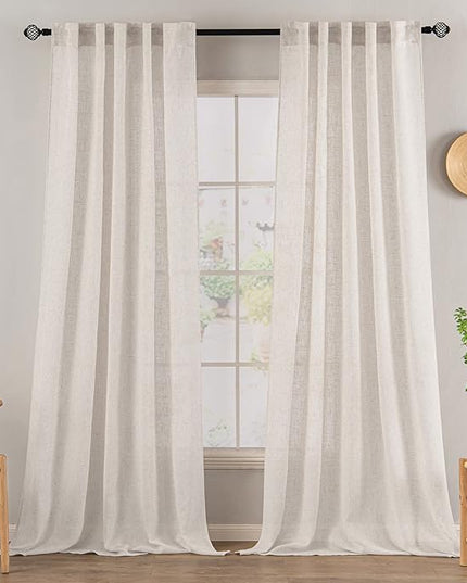 MIULEE White Linen Curtains 90 Inch Length 2 Panels for Bedroom Living Room, Soft Thick Linen Textured Natural Window Drapes Semi Sheer Light Filtering Back Tab Rod Pocket Burlap Look Decor, W37xL90