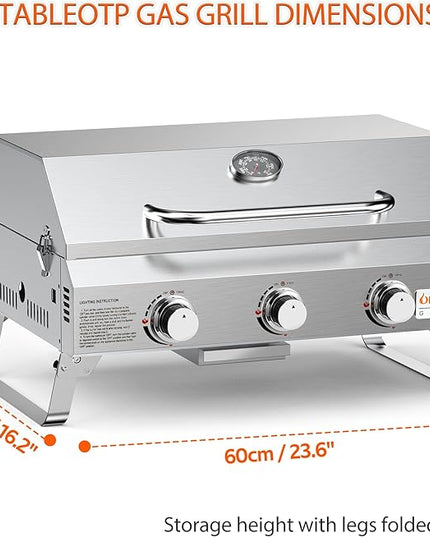 Tabletop Gas Grill 3 Burners, Portable Propane BBQ Grill with Foldable Legs for Outdoor Barbecue Patio Backyard Camping, Tailgating, RV Trip, Heavy Duty & 24000BTU, GS307