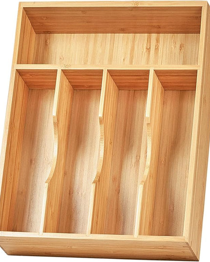 Umilife Kitchen Drawer Organizer, 10 Inch Silverware Utensil Tray Holder, Extra Deep, with Non-Slip Feet & Grooved Drawer Divider, 5 Slots Total Bamboo Wood Caddy for Flatware Cutlery Knives