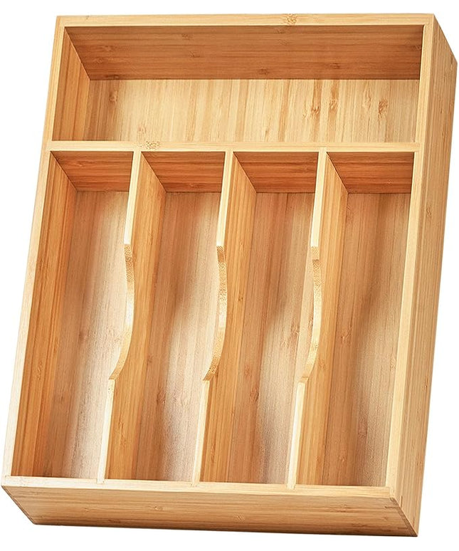 Umilife Kitchen Drawer Organizer, 10 Inch Silverware Utensil Tray Holder, Extra Deep, with Non-Slip Feet & Grooved Drawer Divider, 5 Slots Total Bamboo Wood Caddy for Flatware Cutlery Knives