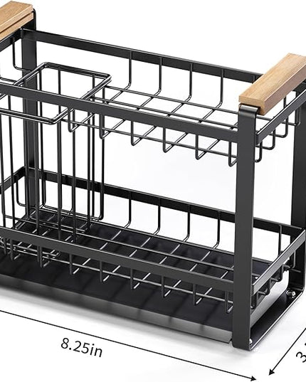 Sink Caddy Organizer with Wooden Handle, 2-Tier Rustproof Metal Sink Organizer Non-Slip Suction Cups, Multi-Functional Storage for Sponge, Soap Dispenser, Kitchen and Bathroom Countertop Accessories