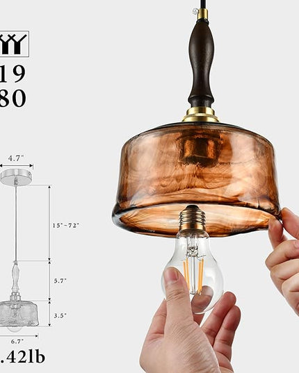Modern Amber Glass Pendant Light, 6.7"x9.2" Round Hanging Fixture with Golden Wood Accent & Brass Cap, 15"-72" Adjustable Line, E26 Socket – Golden Amber Circle