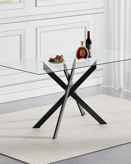51" Rectangular Glass Dining Table Modern Kitchen Glass Top Table for 4 with Black Metal Legs, Clear Dining Table Kitchen Table for Home Office Dining Room